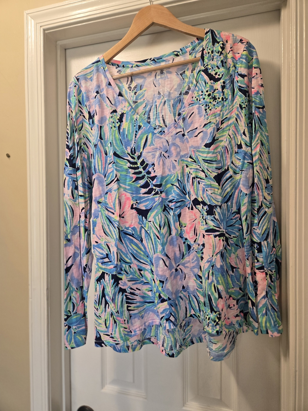 Lilly Pulitzer Floral V-Neck Long Sleeve Top - Blue, Pink & Green